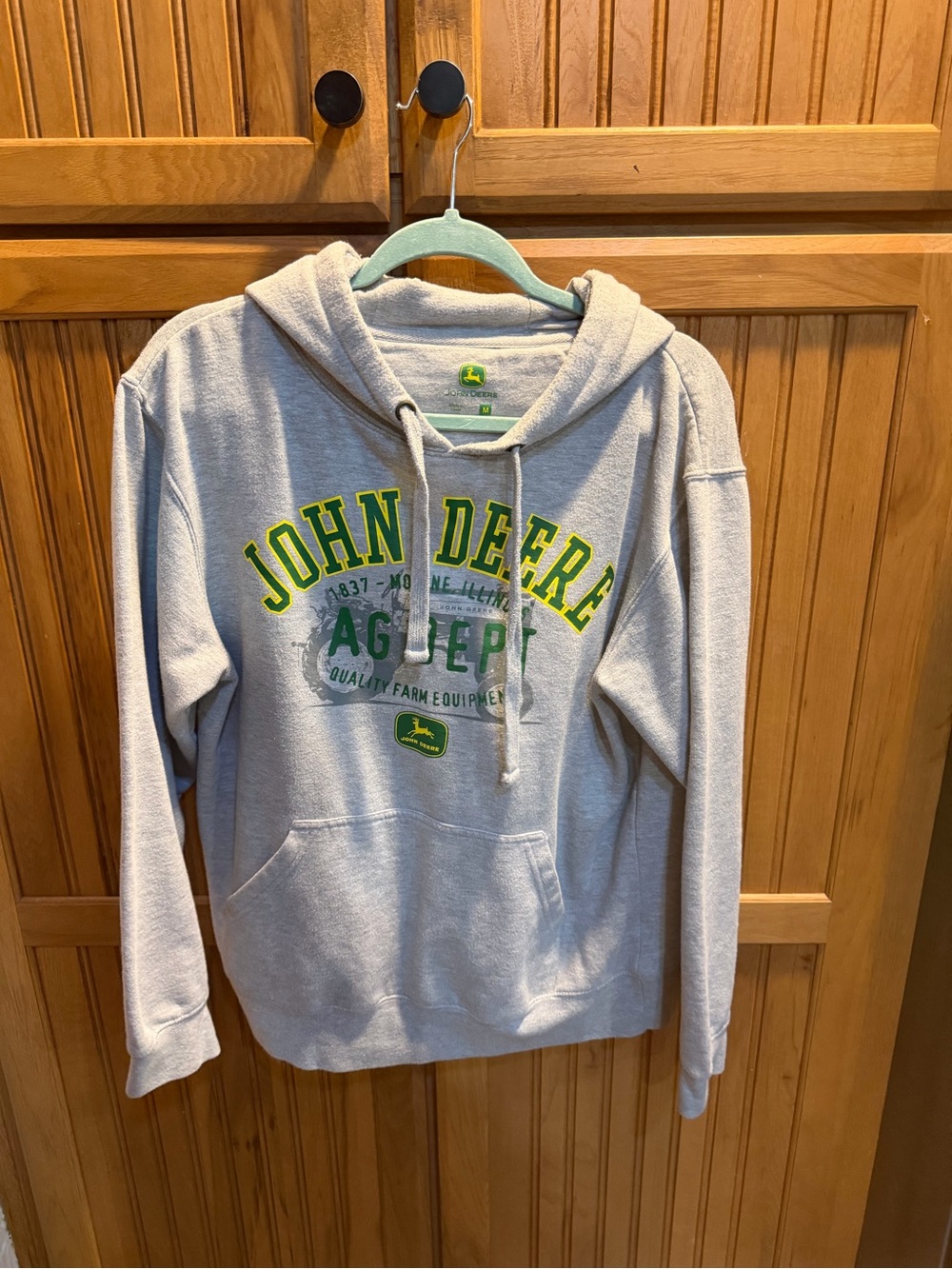 John Deere Light Gray Hoodie with Green & Yellow Logo
